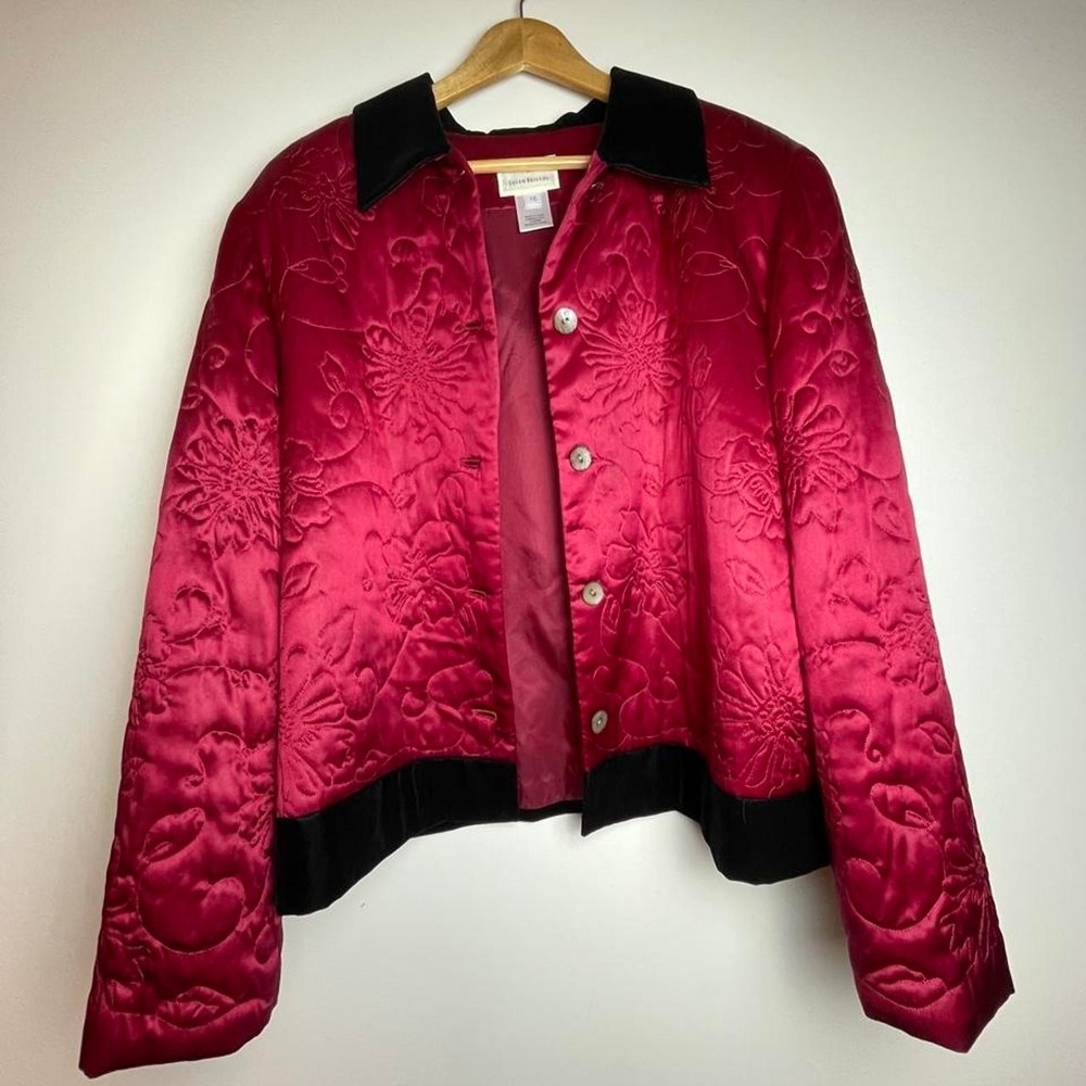 Susan Bristol burgundy floral embroidery silk jacket with black velvet trim 16